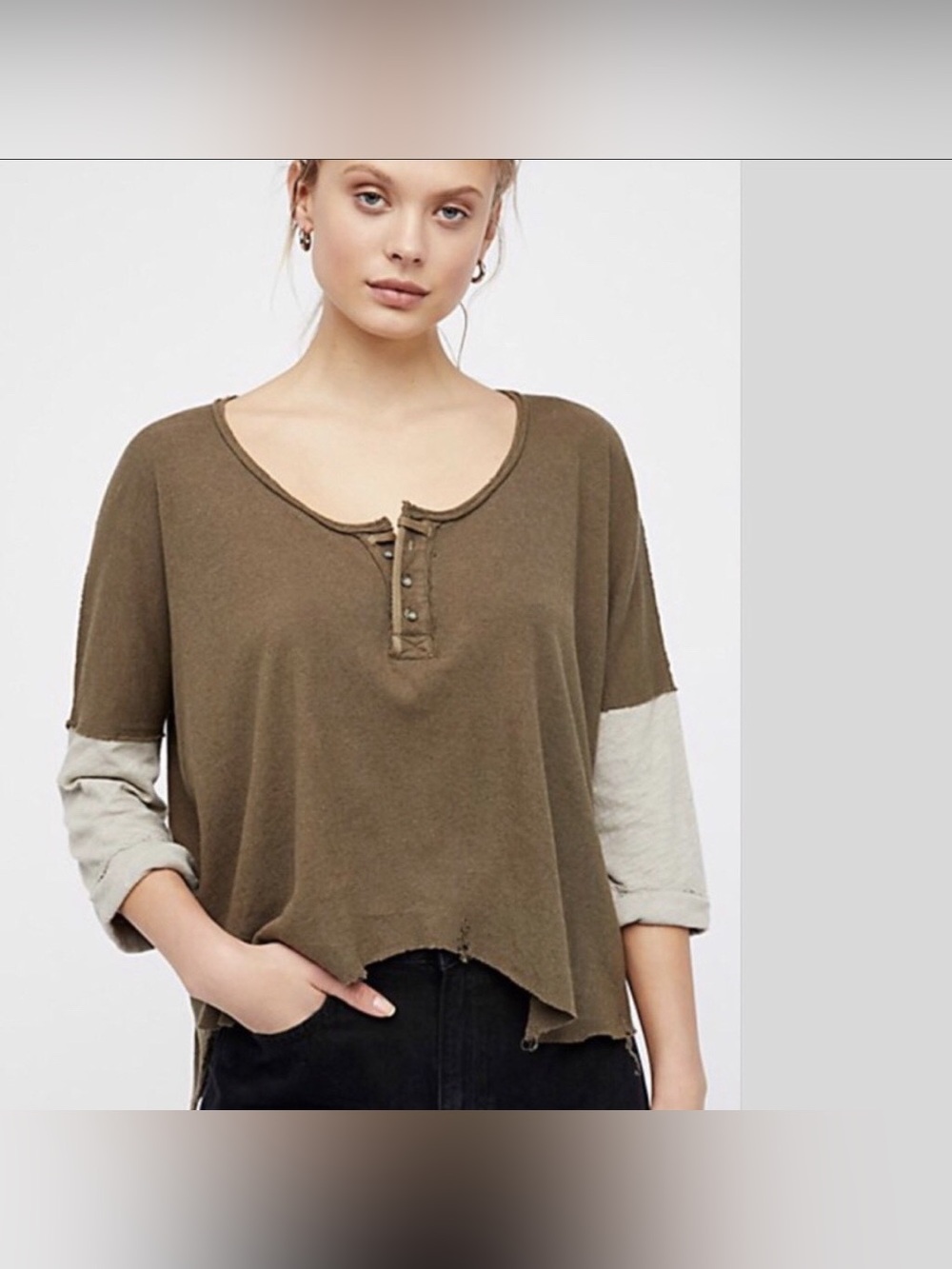 Free People We The Free Distressed Star Thermal Henley Top Olive Green Size L